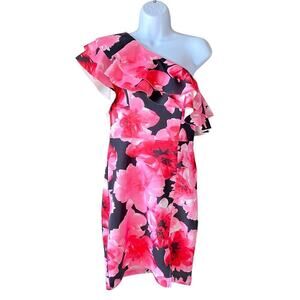 ALEXIA ADMOR Dress Floral Ruffle One Shoulder Sheath Knee Length Pink Black XS